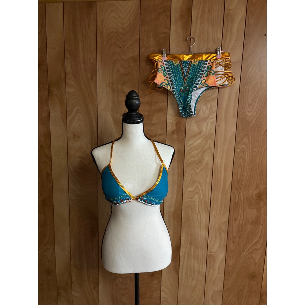 Zando Dashiki Print‎ Strappy Bikini Set Metallic Gold Trim Teal Orange 3XL